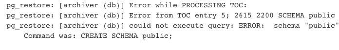 Screenshot of the "PROCESSING TOC" error from the `pg_restore` command.