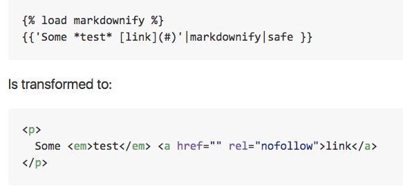 Code snippets showing a custom Django markdownify filter on some Markdown along with the resulting HTML output.