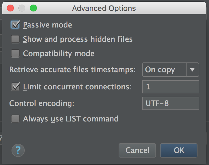 IntelliJ WiPy remote host advanced settings. FTP connection limit is set to 1 because the WiPy only supports a single FTP connection at time of writing.