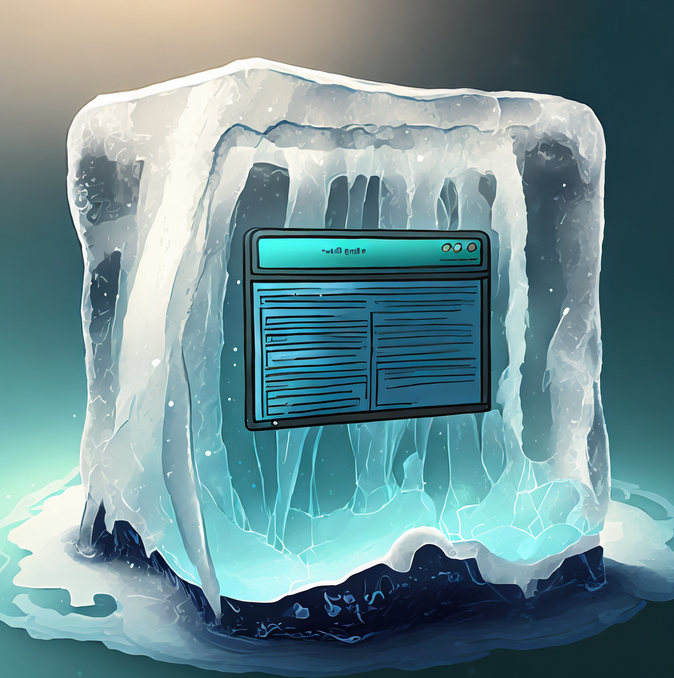 Image of a website inside a browser window preserved in an ice cube.