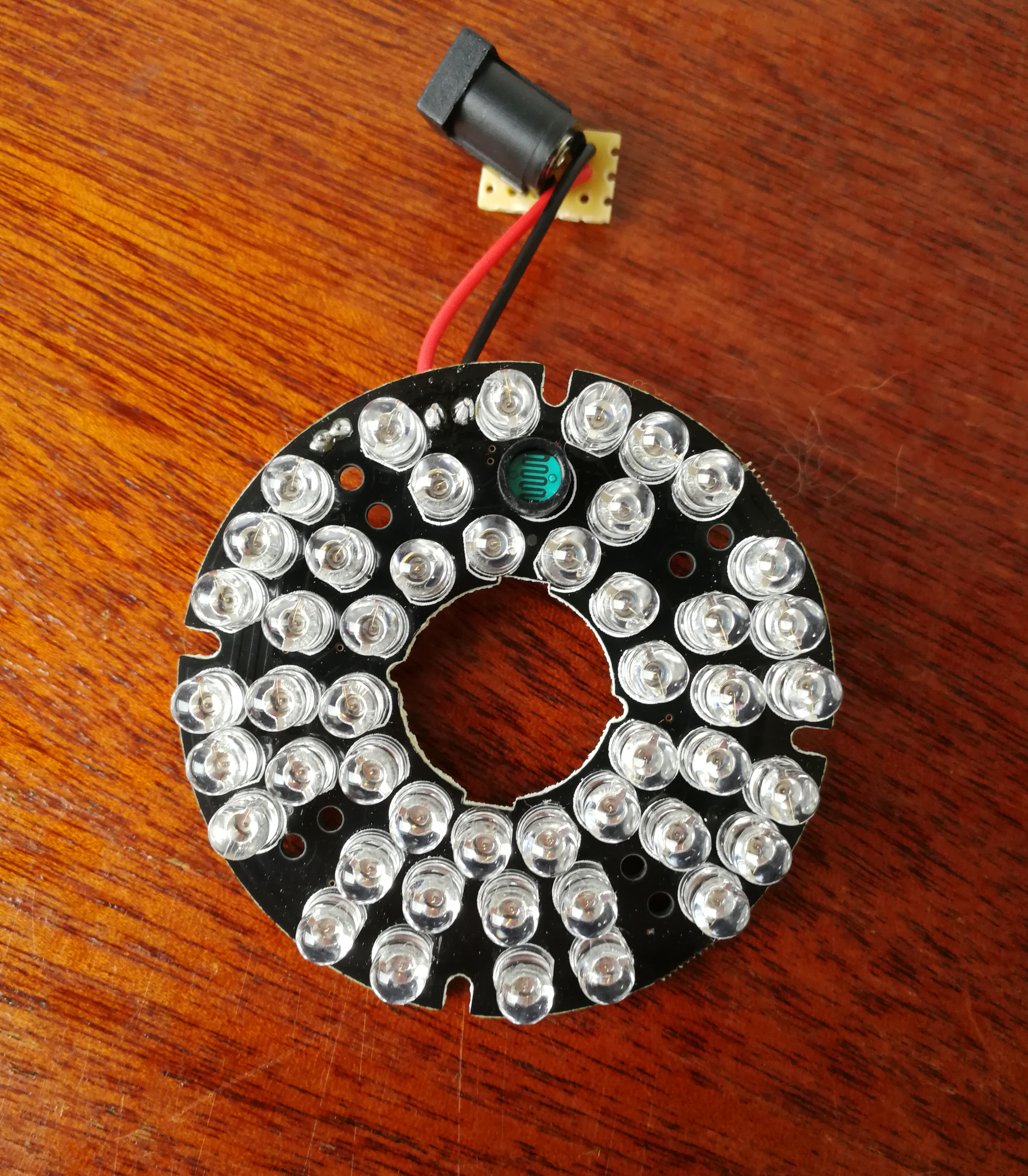 Picture of and IR Led ring with a cutout in the middle for the Pi camera.