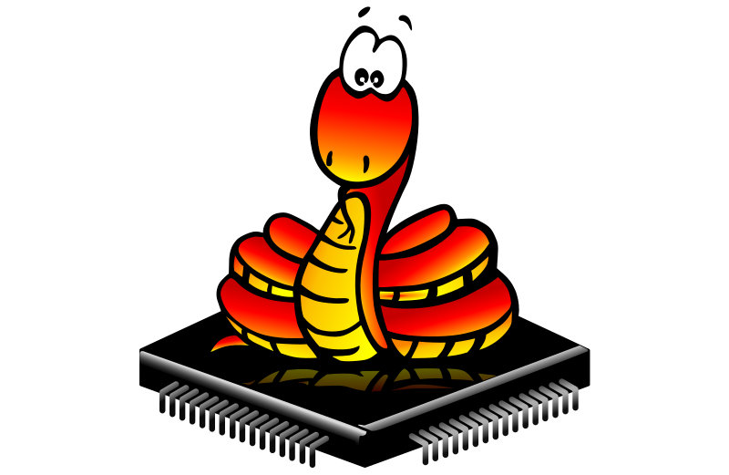 Cartoonish python sitting on computer chip.