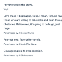 Screenshot of quote rephrasing engine using a LLM on "Fortune favors the brave".